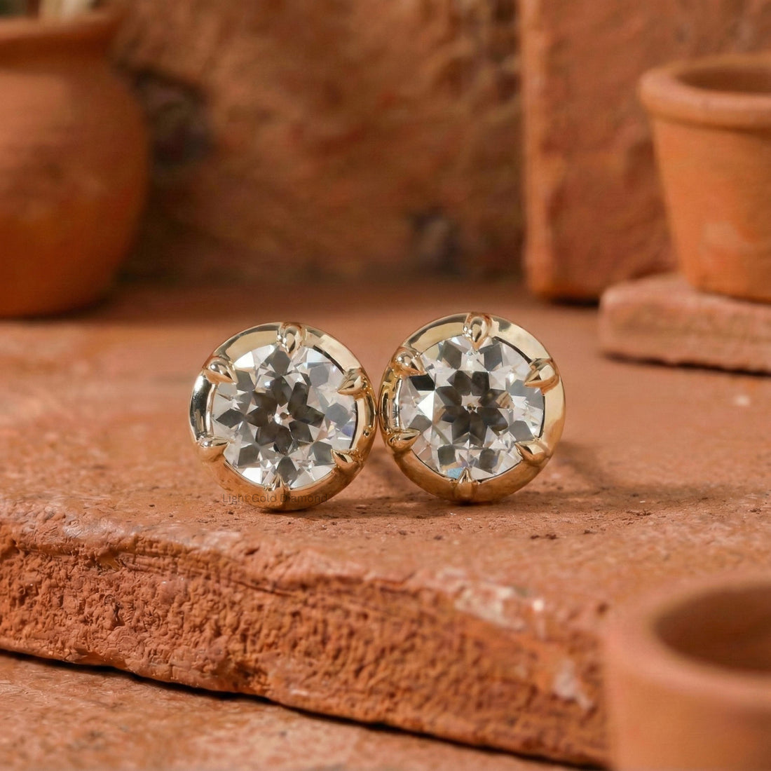 Old European Round Cut Lab Grown Diamond Bezel Stud Earrings