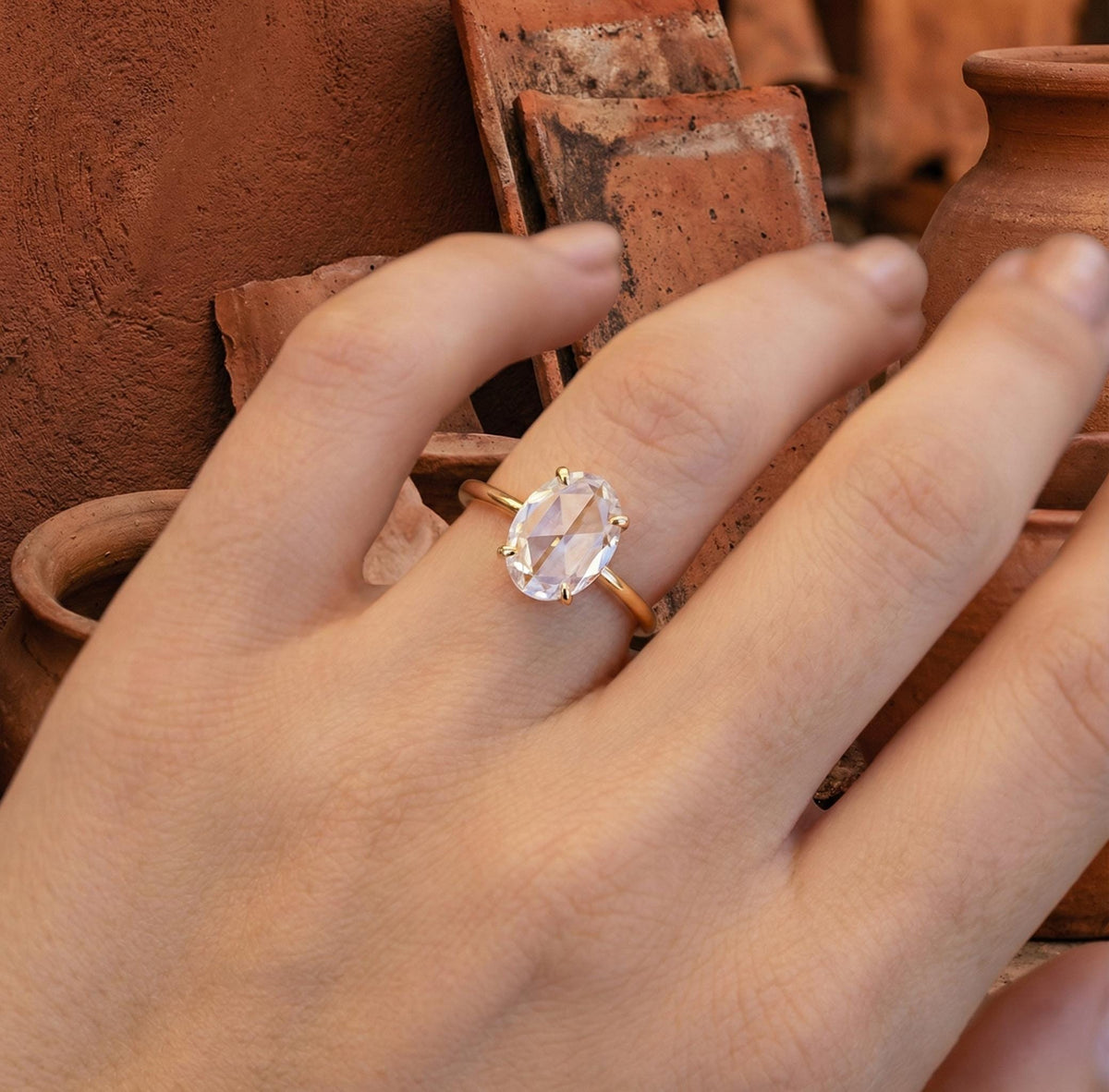 Rose Cut Oval Lab Grown Diamond Solitaire Ring