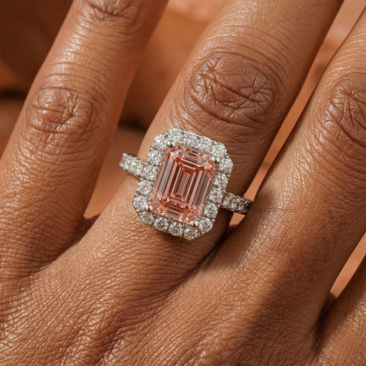 Emerald Cut Pink Diamond Halo Engagement Ring
