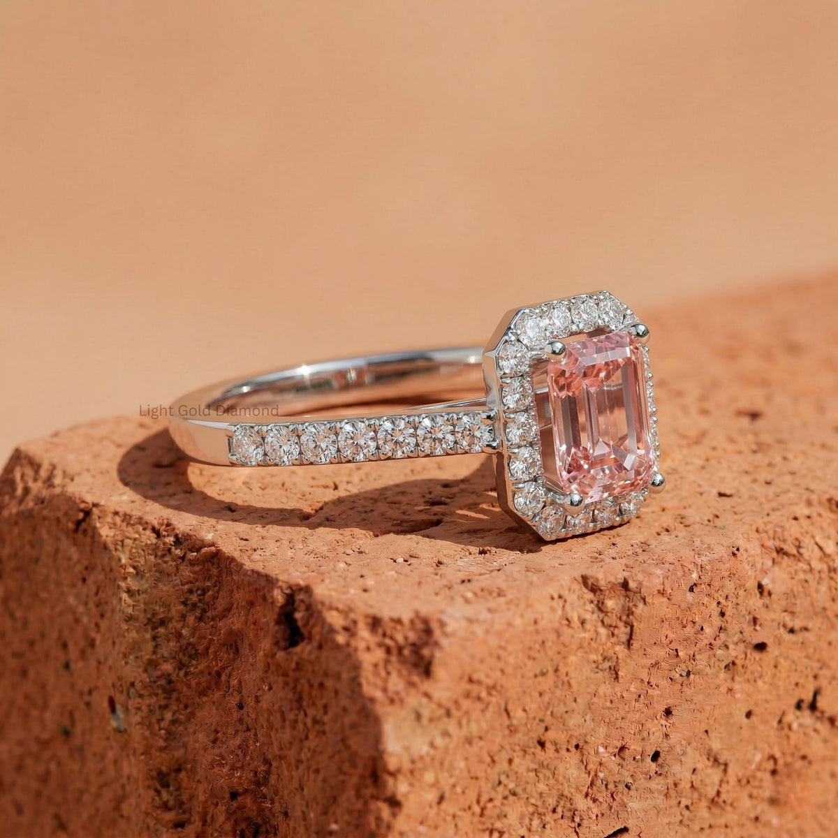 Emerald Cut Pink Diamond Halo Engagement Ring
