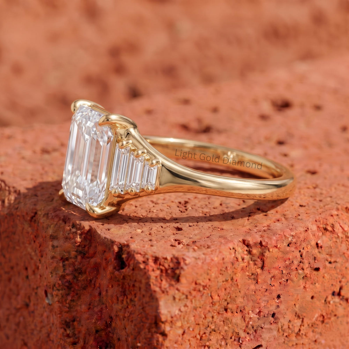 IGI Certified E Color VVS2 Clarity 3 Ct Emerald Cut Lab Grown Diamond Three Stone Engagement Ring Tapered Baguette Side Stones 18K Gold Ring