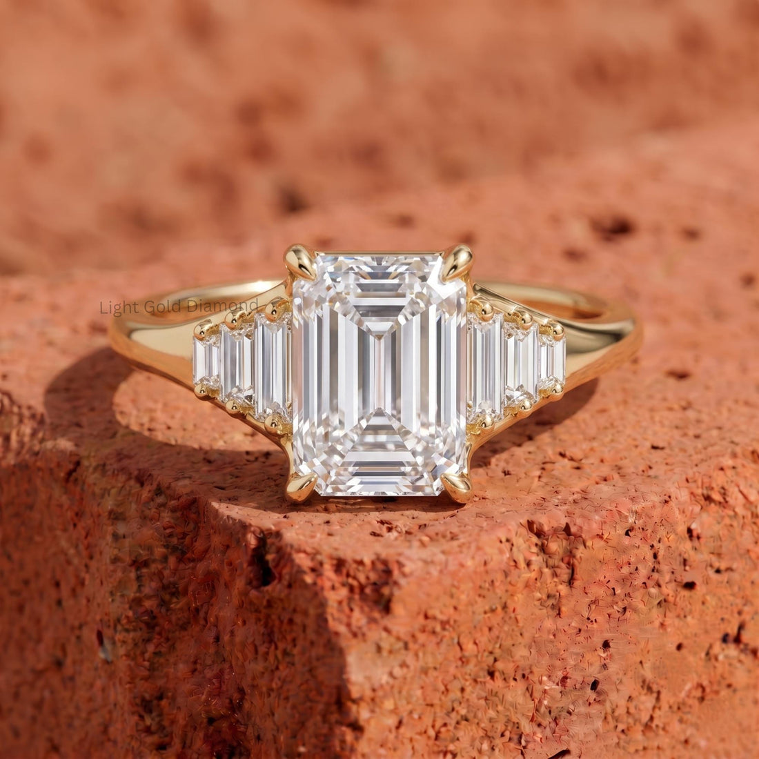 IGI Certified E Color VVS2 Clarity 3 Ct Emerald Cut Lab Grown Diamond Three Stone Engagement Ring Tapered Baguette Side Stones 18K Gold Ring