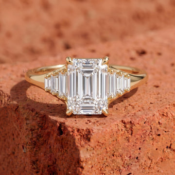 IGI Certified E Color VVS2 Clarity 3 Ct Emerald Cut Lab Grown Diamond Three Stone Engagement Ring Tapered Baguette Side Stones 18K Gold Ring