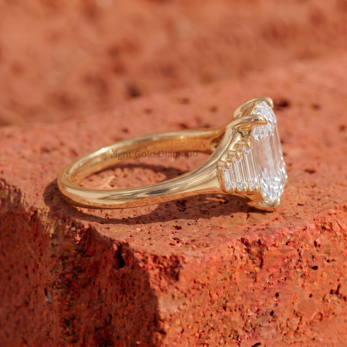 IGI Certified E Color VVS2 Clarity 3 Ct Emerald Cut Lab Grown Diamond Three Stone Engagement Ring Tapered Baguette Side Stones 18K Gold Ring