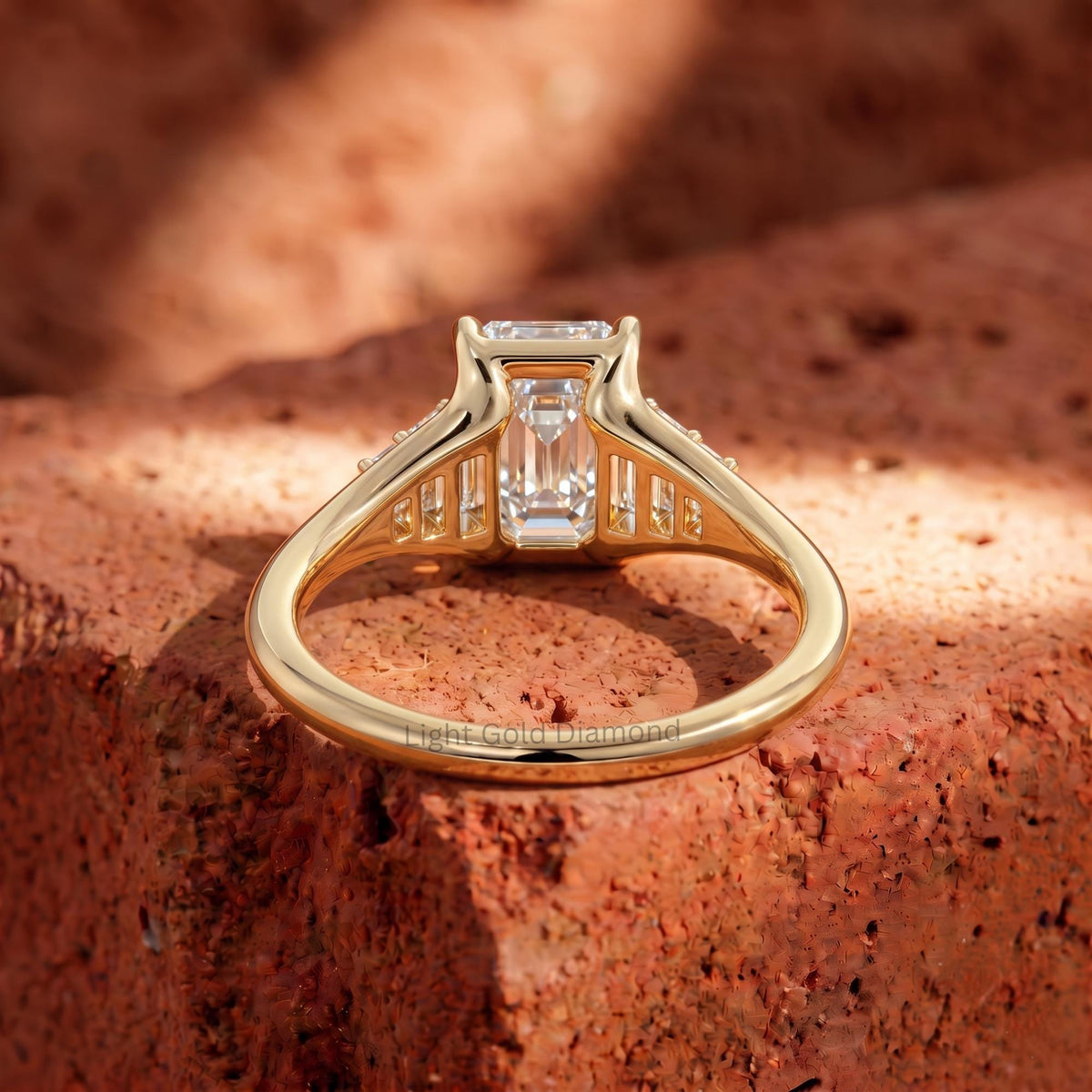 IGI Certified E Color VVS2 Clarity 3 Ct Emerald Cut Lab Grown Diamond Three Stone Engagement Ring Tapered Baguette Side Stones 18K Gold Ring